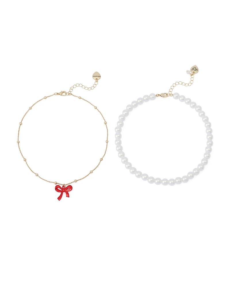 Betsey Johnson Faux Stone Love Spell Cultivated Pearl Bow Choker Necklace Set