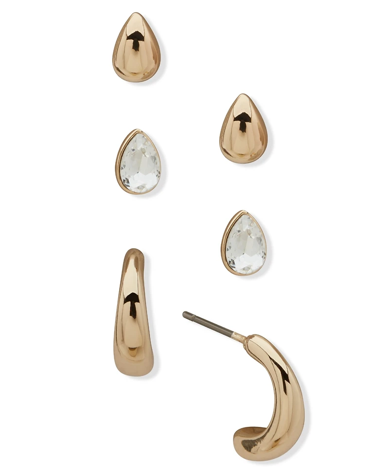 Dkny 3-Pc. Crystal Pear Stone Stud Hoop Earrings Set