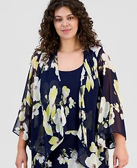 Robbie Bee Plus Floral Print Open-Front Chiffon Jacket Dress