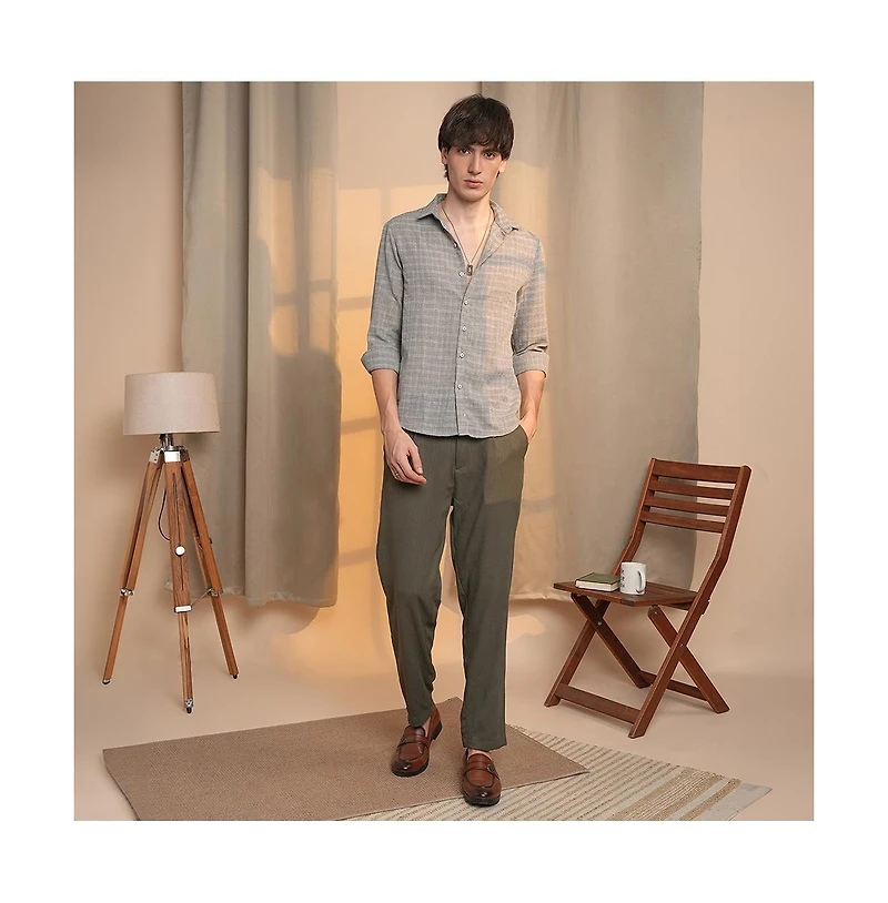 Campus Sutra Men's Ash Grey Micro-Tartan Plaid Shirt