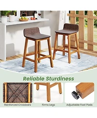 Gymax Solid Acacia Wood Bar Stools Set of Rattan Bar Height Patio Chairs for Porch