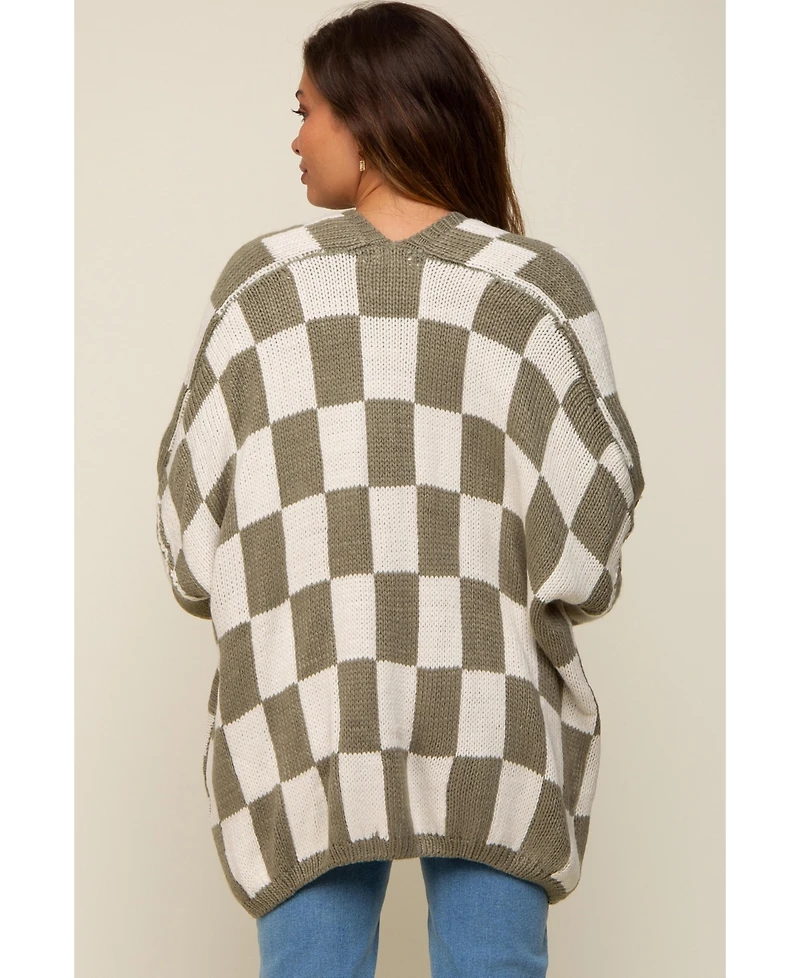 Pinkblush Women Olive Checkered Print Oversized Maternity Cardigan