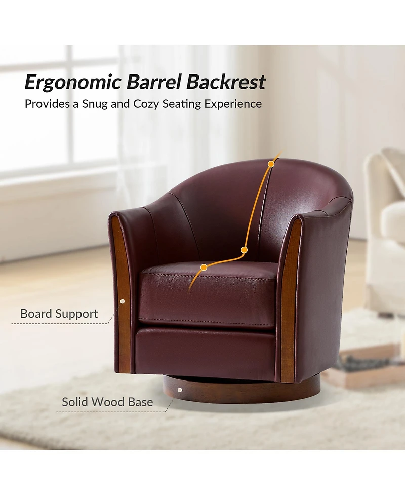 Raul Transitional Genuine Leather 360-degree Swivel Barrel Chair with Solid Wood Base and Armrest
