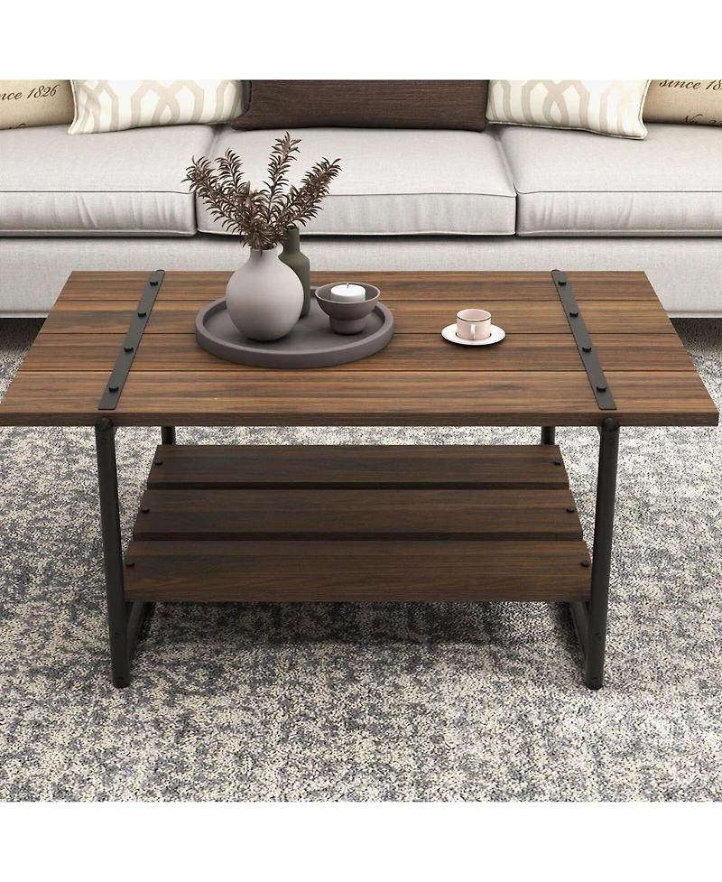 gaomon 41" Rustic Farmhouse Coffee Table, Modern Minimalist Wood and Metal Living Room Table, 2 Tie Rectangle Center Table with Storage, Simple Office
