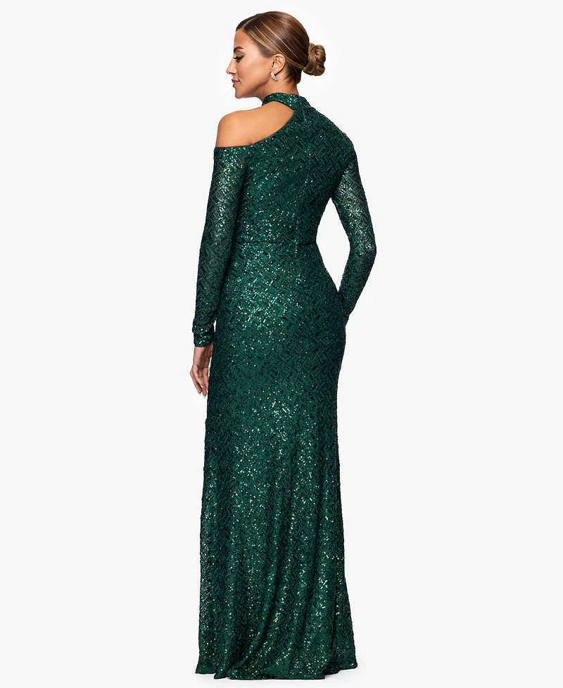 Xscape Women's Long-Sleeve Sequined Long Dress