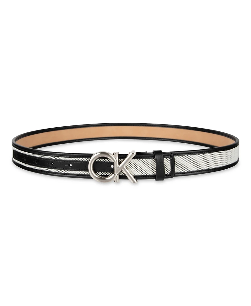 Calvin Klein Women's Woven Inlay Leather Belt with Puff Ck Monogram Buckle