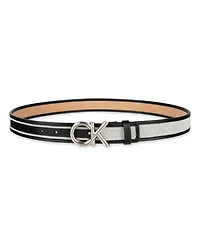 Calvin Klein Women's Woven Inlay Leather Belt with Puff Ck Monogram Buckle