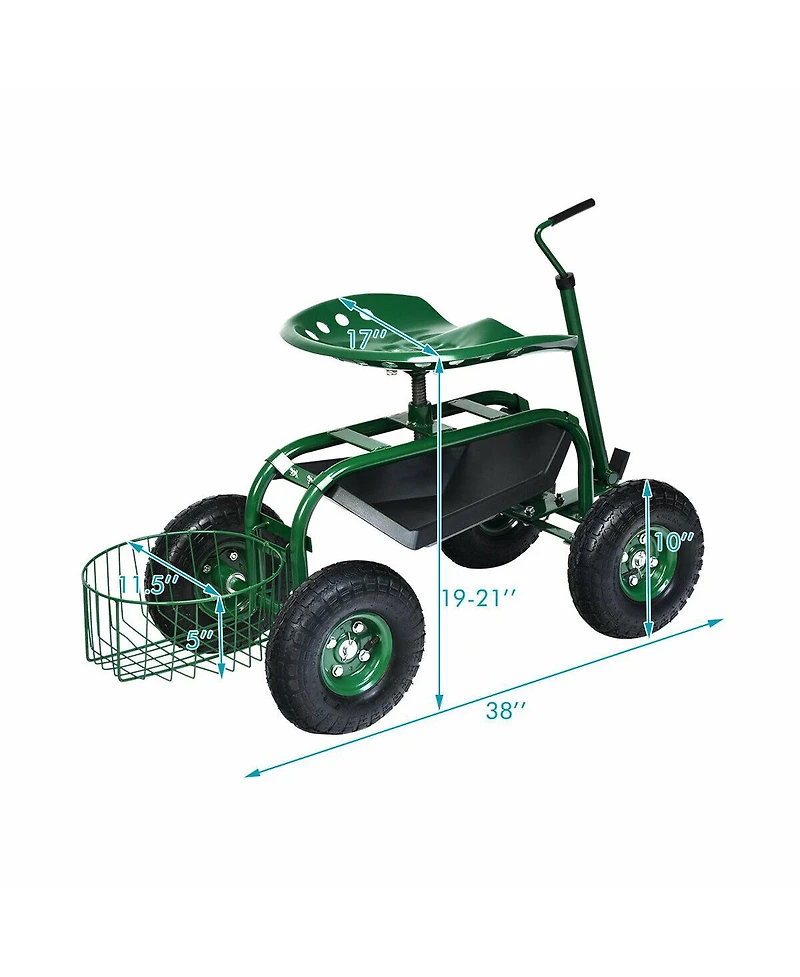 Sugift Extendable Handle Garden Cart Rolling Wagon Scooter-Green