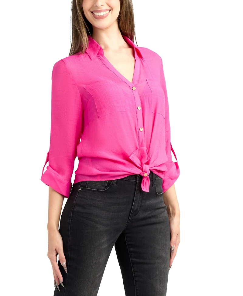 Bcx Women's Resort Gauzy Texture Collared Button Up Shirt