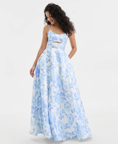 City Studios Juniors' Floral Scoop-Neck Satin Gown