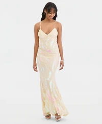 City Studios Juniors' Sequined Lace-Up Gown