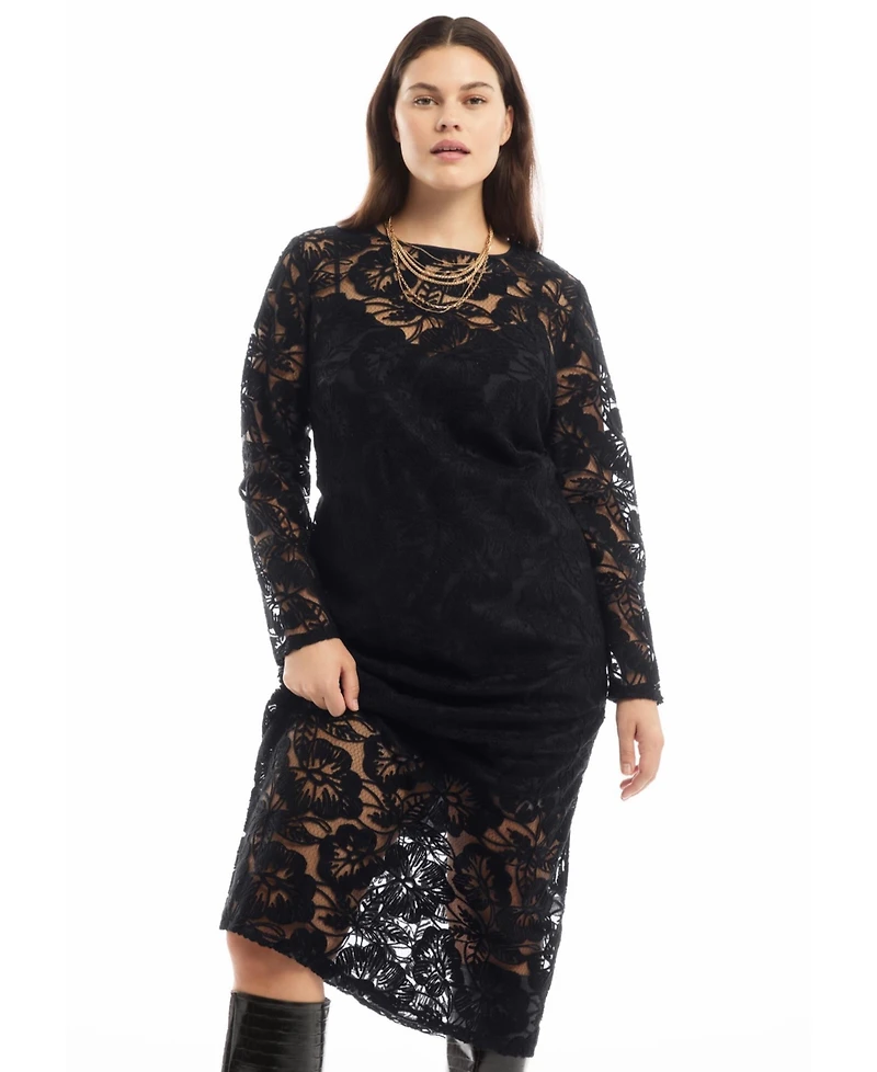 June & Vie Women's Plus Lined Lace Column Midi Dress