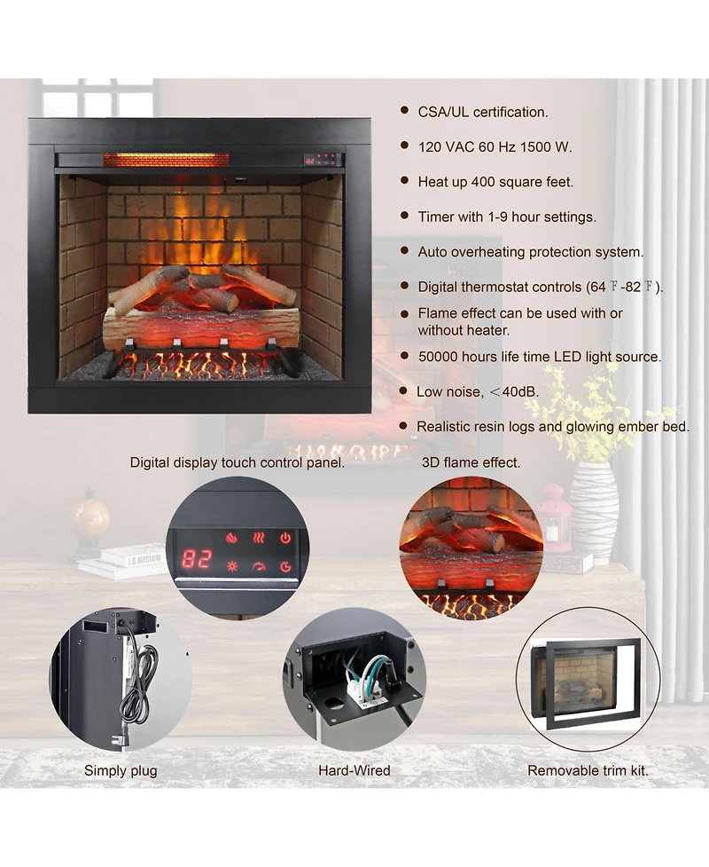 Flynama 28inch Infrared Electric Fireplace Insert, Touch Panel Home Decor Heater, Smokeless Firebox