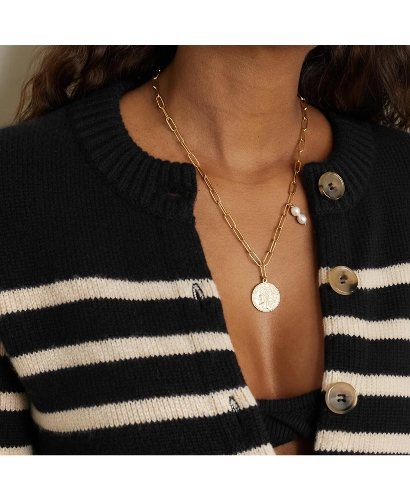 18K Gold Plated Freshwater Pearls with a Coin Pendant - Connie Necklace 17" For Women
