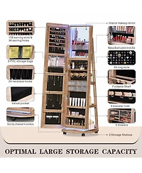 Vlsrka A 360° swivel standing jewelry mirror cabinet with storage shelves, full-length mirror, and Led lights.
