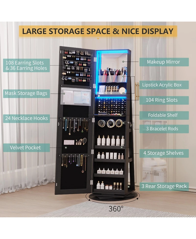 Vlsrka 360° Swivel Jewelry Full-Length Mirror Cabinet with Lights