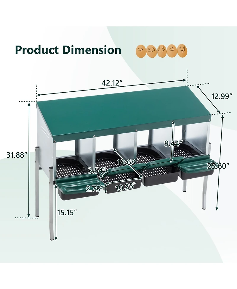 Aostirmotor 13 in. 4-Hole Chicken Nest With Legs And Cover to Protect Eggs in Green