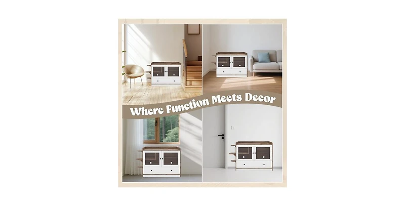 Aostirmotor Cat Litter Box Cabinet with Drawer and Stairs Brown White