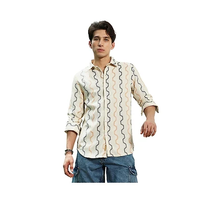 Campus Sutra Men's Off White Zigzag Pattern Full Sleeve Cotton Blend Shirt