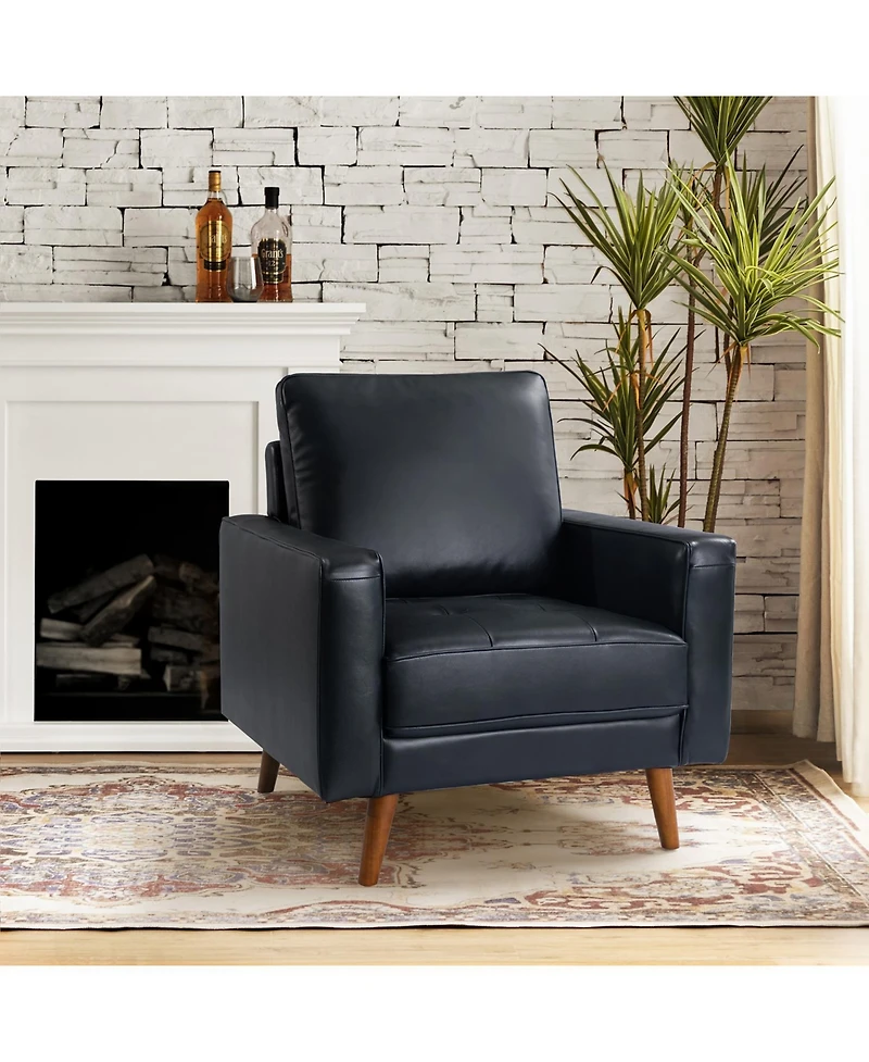 Mid-century Modern Elizabeth Genuine Leather Armchair with Wood Flared Legs