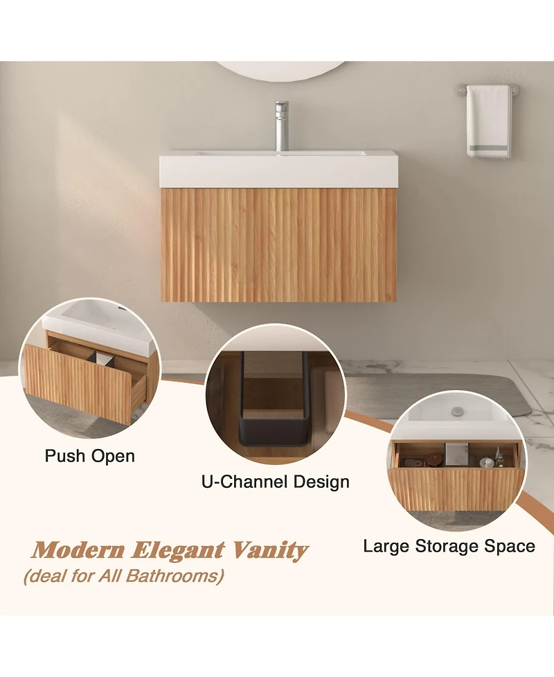 Boyel Living 30" Bathroom Vanity – Wall-Mount Floating Cabinet, Acacia Plywood Finish, Integrated Sink & Basin