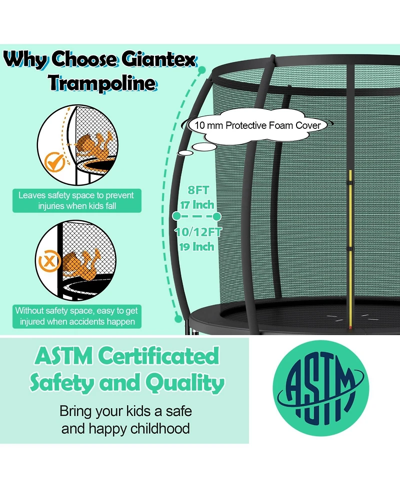 Hongge 10FT Astm-Certified Recreational Trampoline with Safety Enclosure Net and Ladder