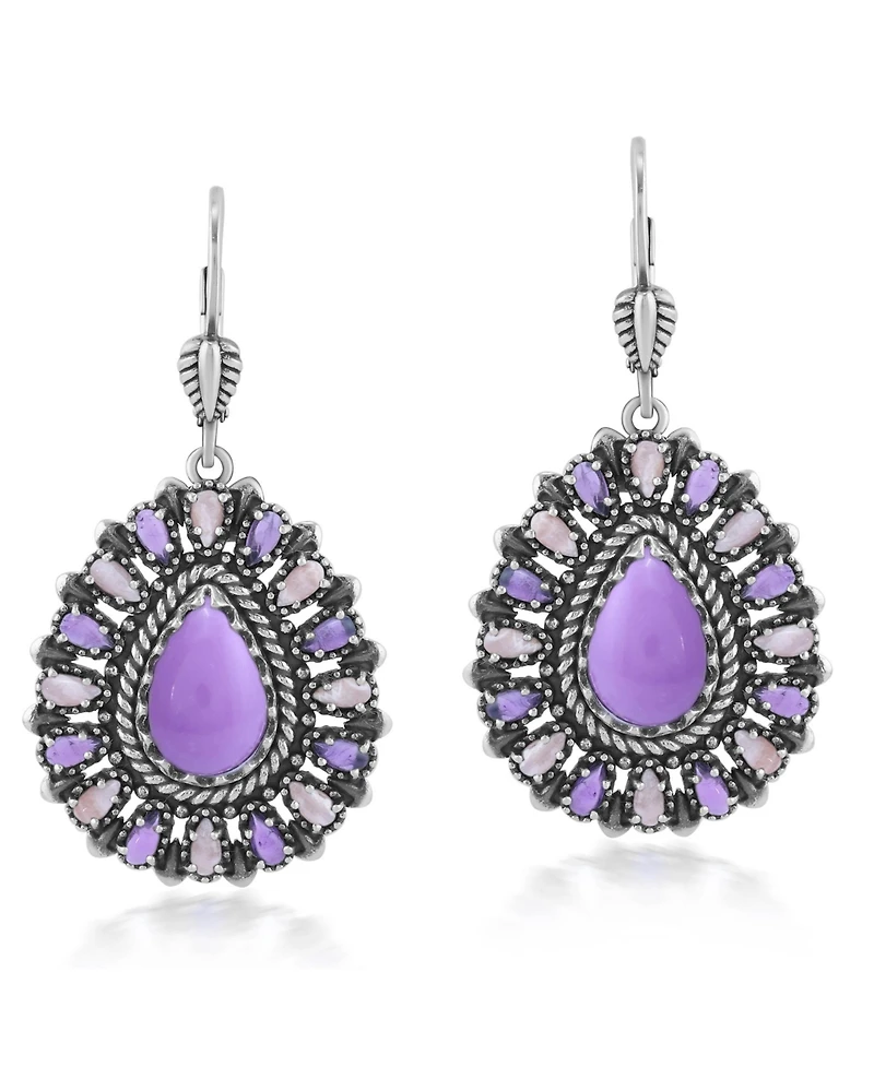 American West Jewelry Sterling Silver Phosphosiderite, Rhodochrosite, and Amethyst Cluster Pear Shaped Dangle Earrings