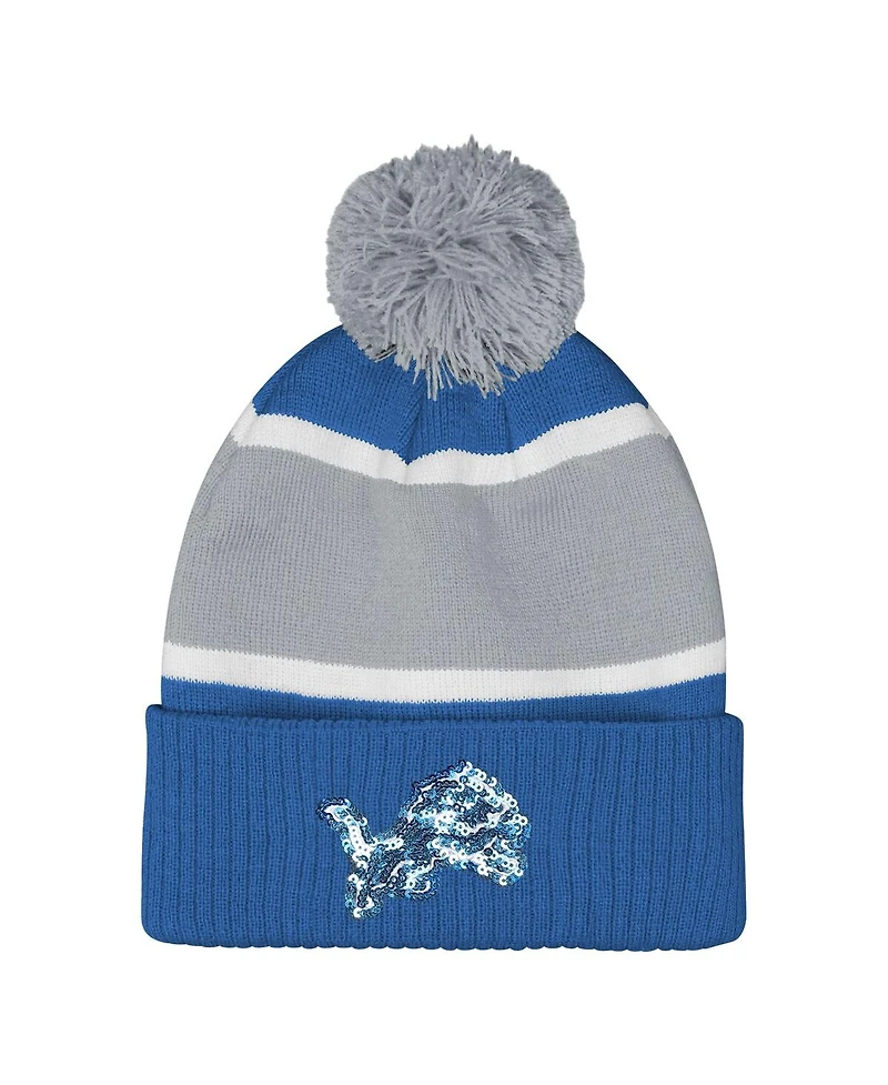 Outerstuff Girls Blue Detroit Lions Let's Play Cuffed with Pom Knit Hat