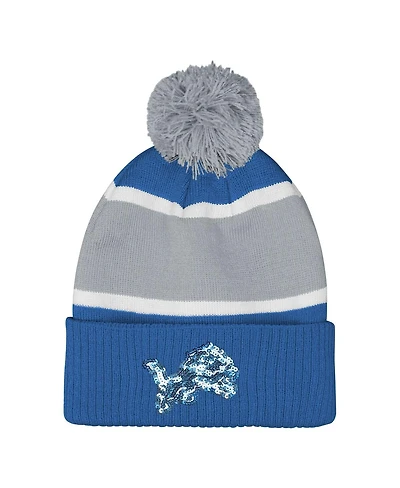 Outerstuff Girls Blue Detroit Lions Let's Play Cuffed with Pom Knit Hat