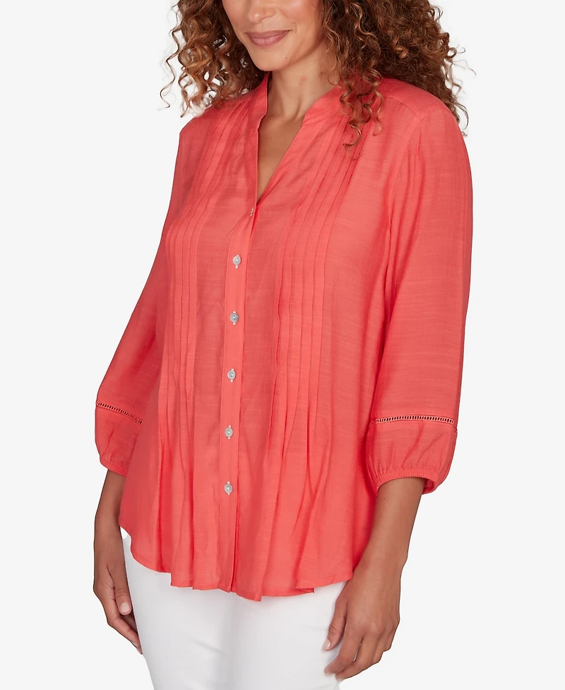 Ruby Rd. Petite Solid Silky Slub Pleated Button Front Top