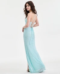 B Darlin Juniors' V-Neck Lace-Up-Back Beaded Gown