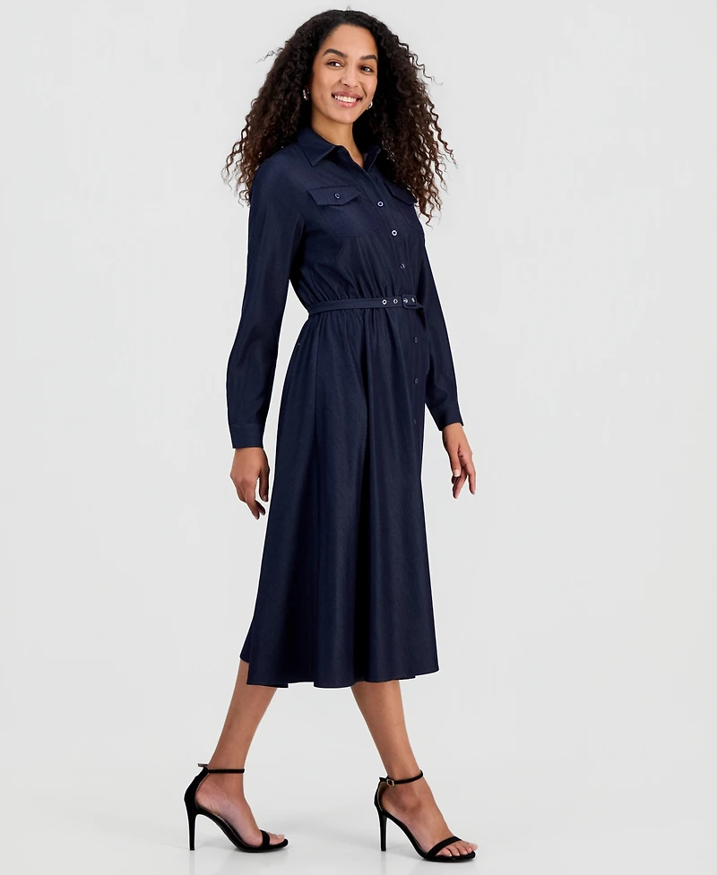 T Tahari Women's Belted Button Long-Sleeve Fit & Flare Dress