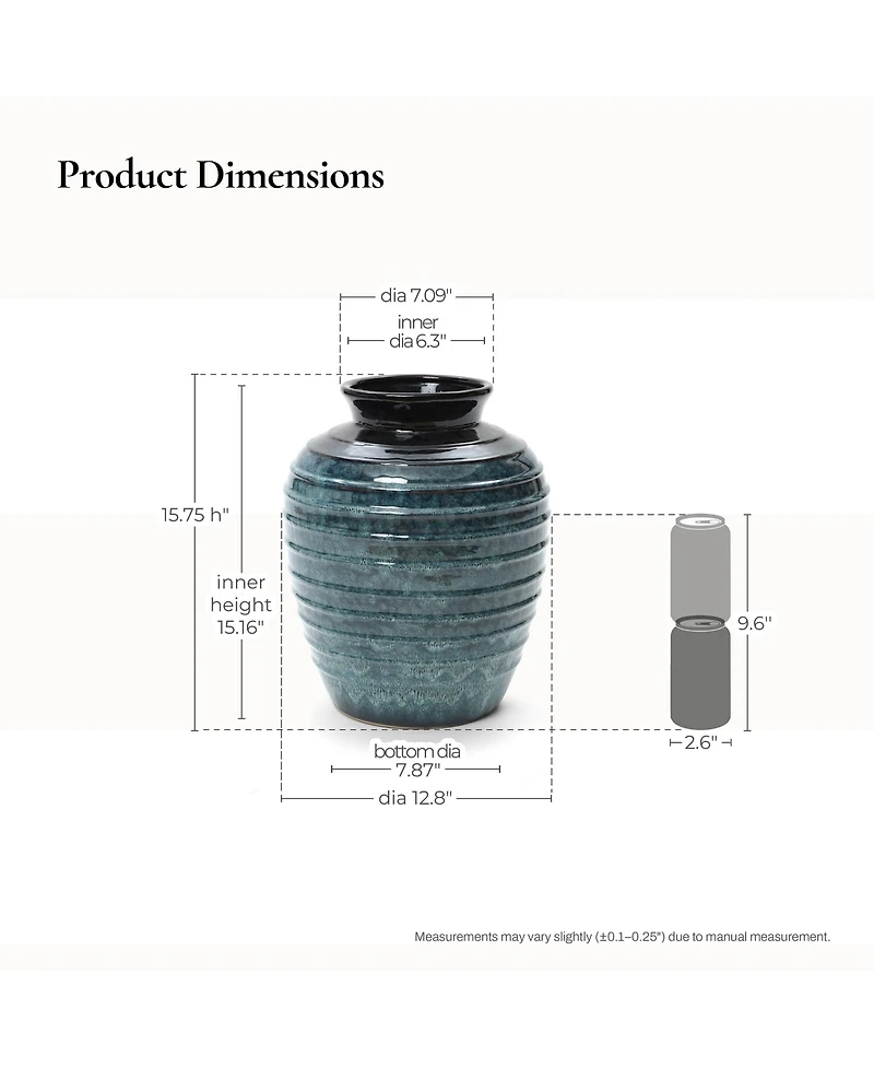 LuxenHome Rippled Blue with Brown 15.75-Inch Tall Round Ceramic Vase, Decorative Home Accent