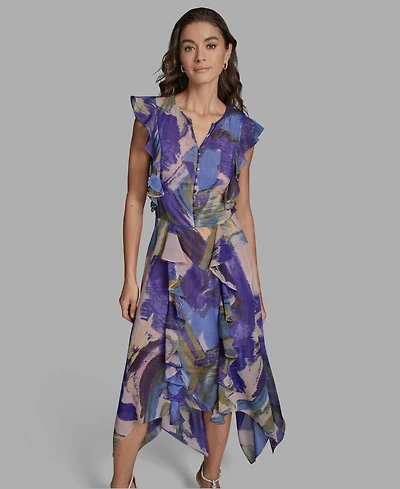 Bcbg Women's Handkerchief Hem Ruffle V-Neck Midi Dress