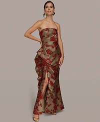 Donna Karan New York Women's Strapless Floral Gathered Ruffled Gown with Split Hem Dress