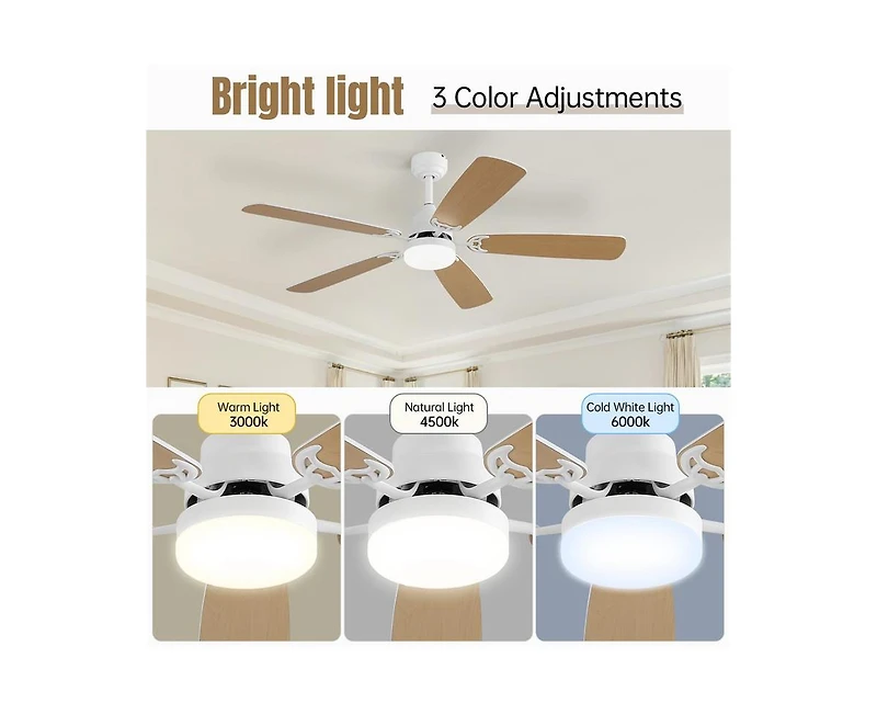 52-inch Modern White 5 blades Three-color Dimmable Ceiling Fan Led Light with Six-speed Remote Control and Timing Function