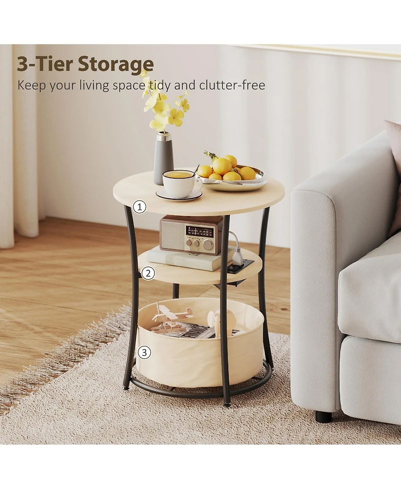 Homcom Side Table with Charging Station, 3-Tier Round End Table, Natural