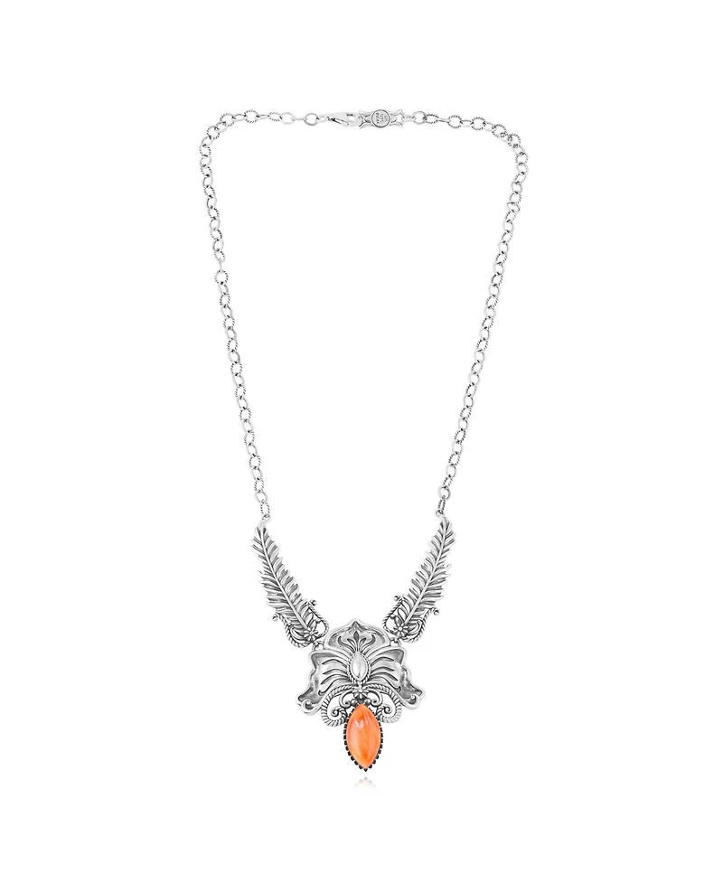 American West Jewelry Sterling Silver Orange Spiny Oyster Cactus Flower Marquise Feather Necklace, 20 Inches