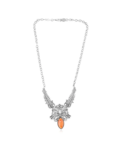 American West Jewelry Sterling Silver Orange Spiny Oyster Cactus Flower Marquise Feather Necklace, 20 Inches