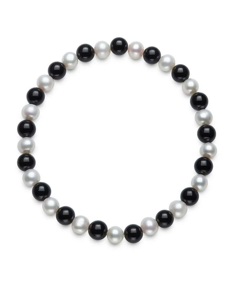 Macy's Cultured Freshwater Pearl (6-7mm) and 6mm Onyx Stretch Bracelet and Stud Set in Sterling Silver