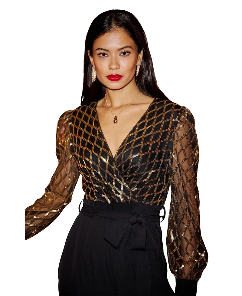 Yumi Women's Sequin Wrap Over Jumpsuit