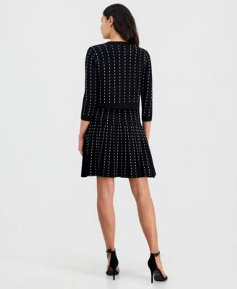 Anne Klein Womens Pinstripe Pleated Sweater Dress Pinstripe Open Front 3 4 Sleeve Cardigan