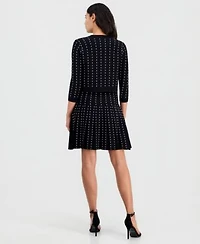 Anne Klein Womens Pinstripe Pleated Sweater Dress Pinstripe Open Front 3 4 Sleeve Cardigan