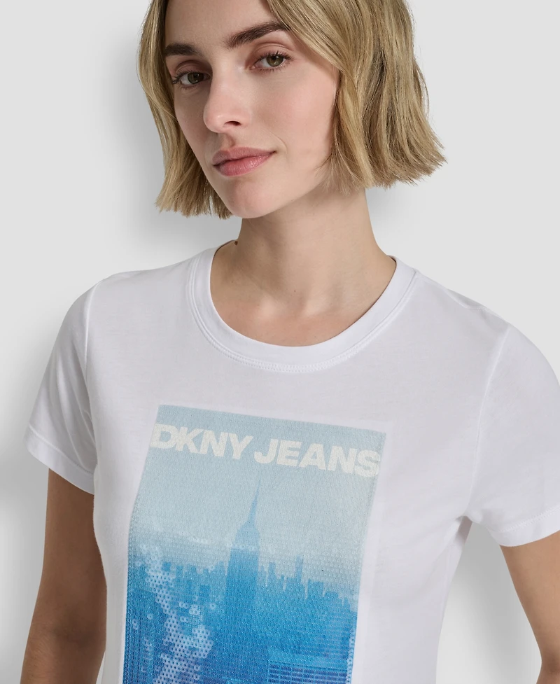 Dkny Jeans Women's Sequin Photoreal Logo Crewneck T-Shirt