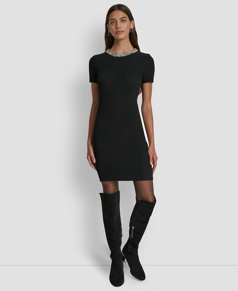 Dkny Jeans Women's Short-Sleeve Embellished Neck Short Dress