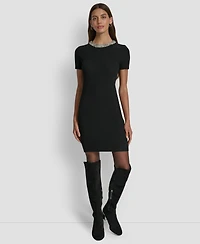 Dkny Jeans Women's Short-Sleeve Embellished Neck Short Dress