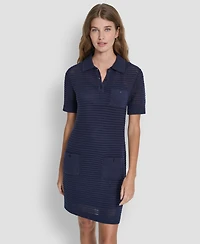 Dkny Jeans Women's Polo Collar Crochet Stitch Short Dress