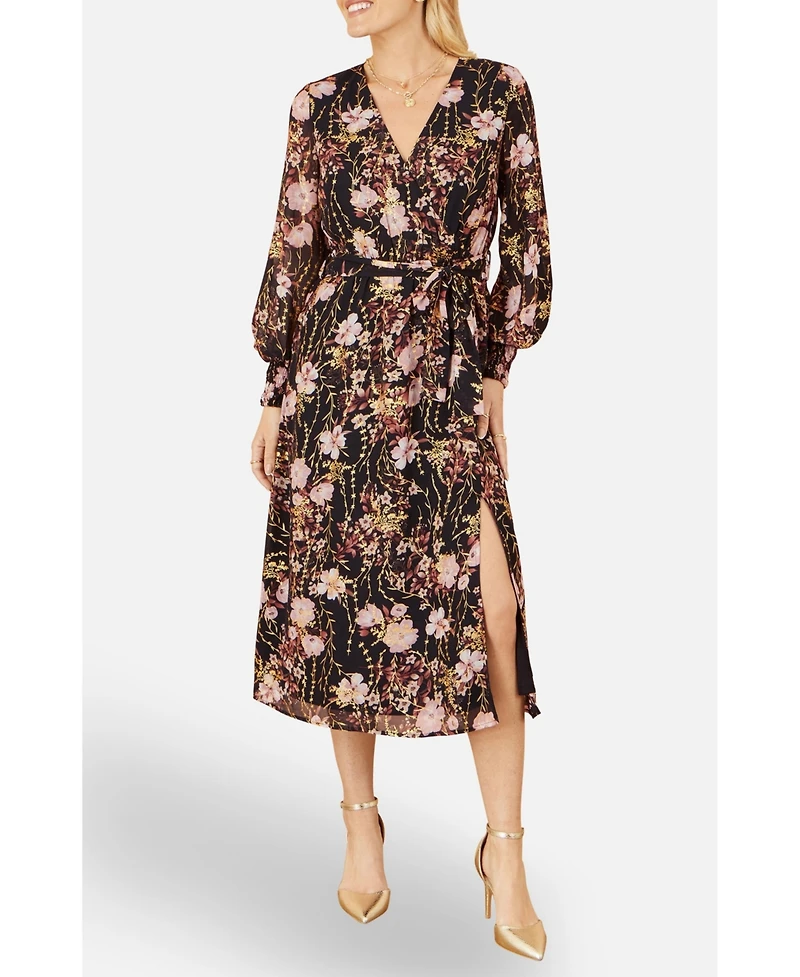 Yumi Women's Foiled Floral Print Wrap Midi Dress