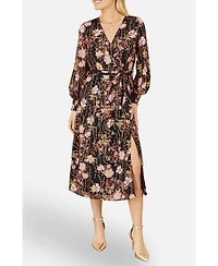 Yumi Women's Foiled Floral Print Wrap Midi Dress
