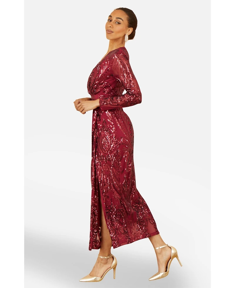 Yumi Women's Sequin Midi Long Sleeve Wrap Dress